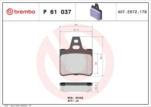 [P61037] BRAKE PADS REAR BREMBO PSA (DNO)