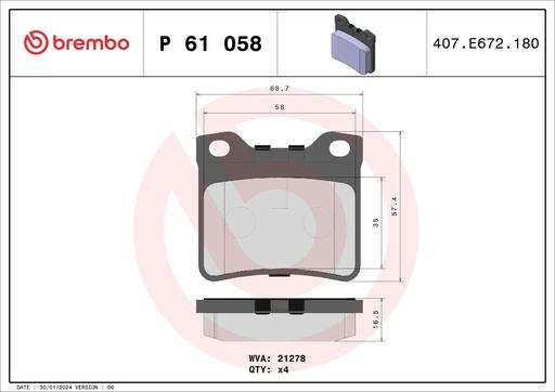 [P61058] BRAKE PADS REAR BREMBO PSA (DNO)