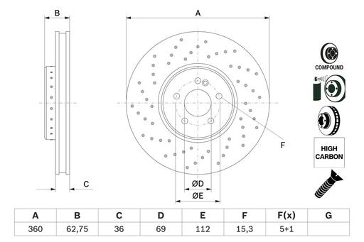 [BD2882] BRAKE DISC FRONT 360MM BOSCH MERC (178MM WITH HUB - CROSS DRILLED)