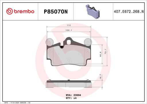 [P85070N] BRAKE PADS REAR BREMBO CERAMIC VAG