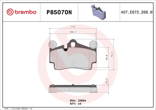 [P85070N] REAR PADS BREMBO CERAMIC VAG