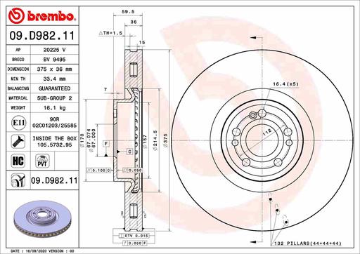 [09.D982.11] BRAKE DISC FRONT 375MM BREMBO MERC (PLAIN)