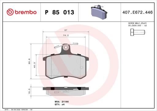 [P85013] BRAKE PADS REAR BREMBO VAG