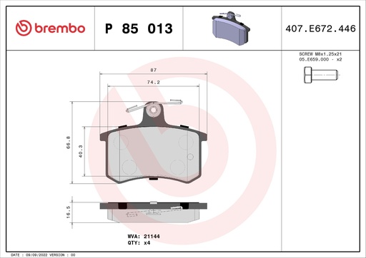 [P85013] REAR PADS BREMBO VAG