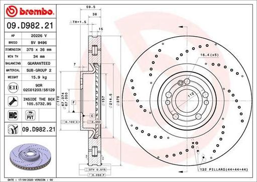 [09.D982.21] BRAKE DISC FRONT 375MM BREMBO MERC (CROSS DRILLED)