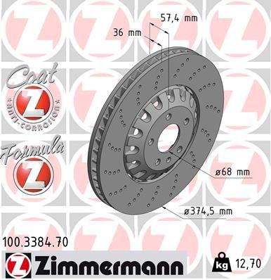 [100.3384.70] BRAKE DISC FRONT 375MM ZIMMERMANN VAG (CROSS DRILLED)