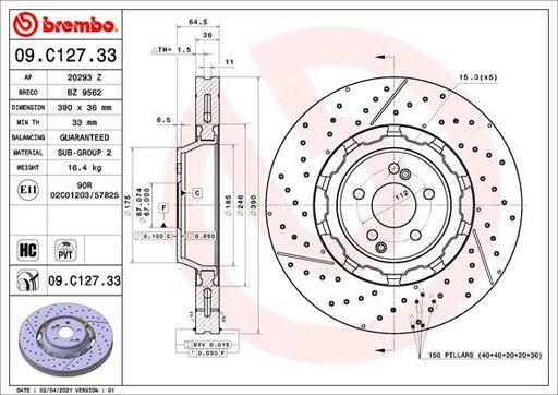 [09.C127.33] BRAKE DISC FRONT 390MM BREMBO MERC (CROSS DRILLED - SLOTTED)