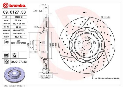 [09.C127.33] FRONT DISC 390MM CROSS DRILLED SLOTTED BREMBO MERC
