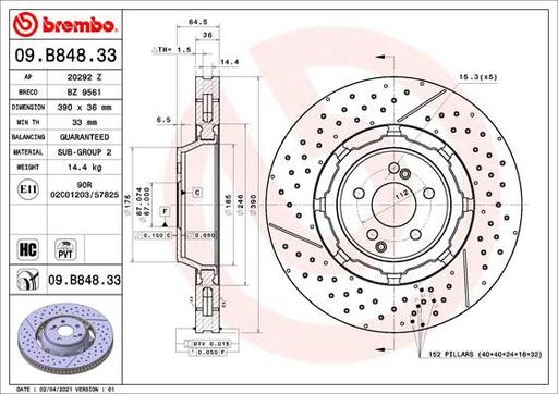 [09.B848.33] BRAKE DISC FRONT 390MM BREMBO MERC (CROSS DRILLED - SLOTTED)