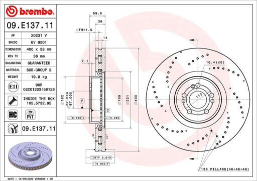 [09.E137.11] BRAKE DISC FRONT 400MM BREMBO MERC