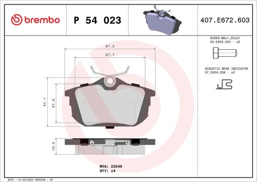 [P54023] BRAKE PADS REAR BREMBO VOLVO