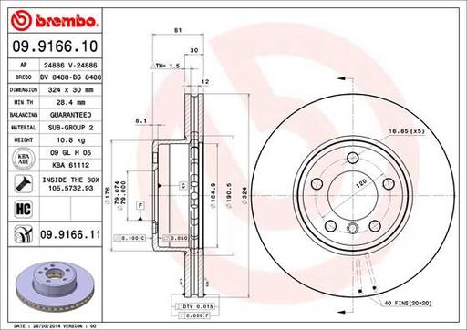 [09.9166.10] BRAKE DISC FRONT 324MM BREMBO BMW