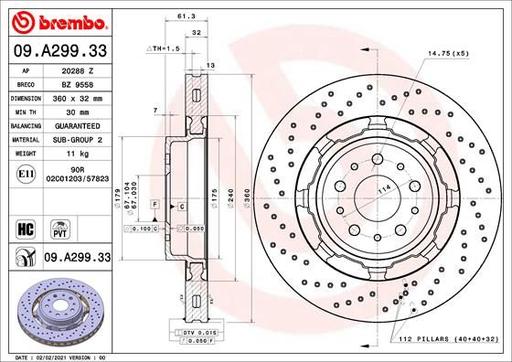 [09.A299.33] BRAKE DISC FRONT 360MM BREMBO MASERATI (CROSS DRILLED)