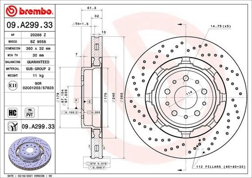 [09.A299.33] FRONT DISC 360MM CROSS DRILLED BREMBO MASER