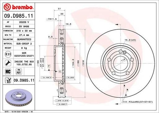 [09.D985.11] BRAKE DISC FRONT 318MM BREMBO MERC