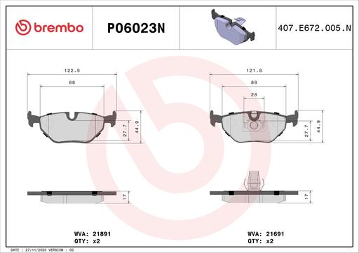 [P06023N] BRAKE PADS REAR BREMBO CERAMIC BMW
