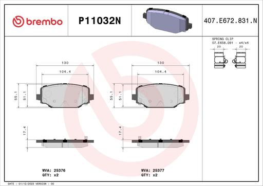 [P11032N] BRAKE PADS REAR BREMBO CERAMIC FIAT