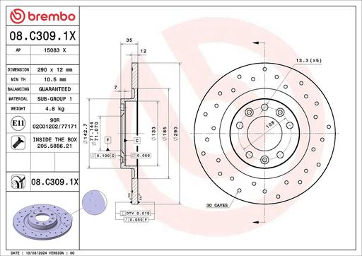[08.C309.1X] BRAKE DISC REAR 290MM BREMBO PSA (CROSS DRILLED)