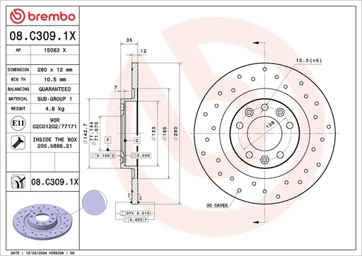 [08.C309.1X] REAR DISC 290MM CROSS DRILLED BREMBO PSA