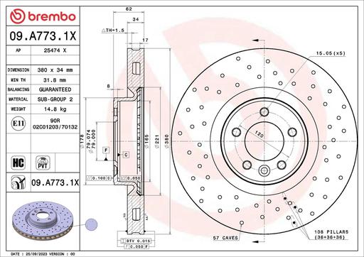 [09.A773.1X] BRAKE DISC FRONT 380MM BREMBO LAND ROVER (CROSS DRILLED)