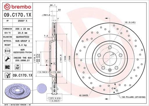 [09.C170.1X] BRAKE DISC REAR 356MM BREMBO VAG (CROSS DRILLED)