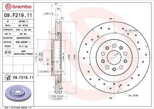 [09.F219.11] BRAKE DISC REAR 345MM BREMBO MASERATI