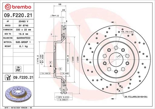 [09.F220.21] BRAKE DISC REAR 330MM BREMBO MASERATI (CROSS DRILLED)