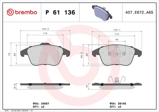[P61136] BRAKE PADS FRONT BREMBO PSA