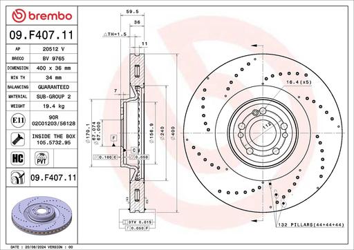 [09.F407.11] BRAKE DISC FRONT 400MM BREMBO MERC (CROSS DRILLED)