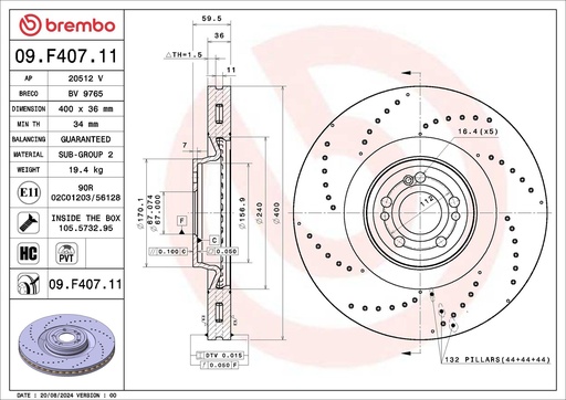 [09.F407.11] FRONT DISC 400MM CROSS DRILLED BREMBO MERC