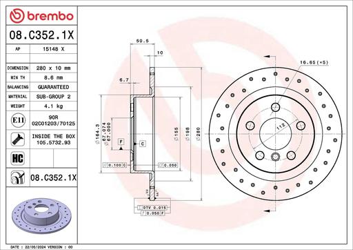 [08.C352.1X] BRAKE DISC REAR 280MM BREMBO BMW (CROSS DRILLED)
