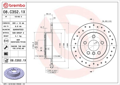 [08.C352.1X] REAR DISC XDRILLED 280MM BREMBO BMW