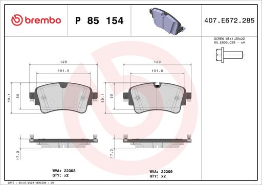 [P85154] BRAKE PADS REAR BREMBO VAG