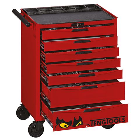 [TE-TCMM491N] TENG 491PCE 26" 7 DRAWER ROLL CABINET MECHANIC'S TOOL KIT, METRIC, PS TRAYS, RED