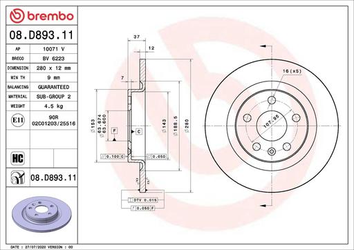 [08.D893.11] BRAKE DISC REAR 280MM BREMBO VOLVO